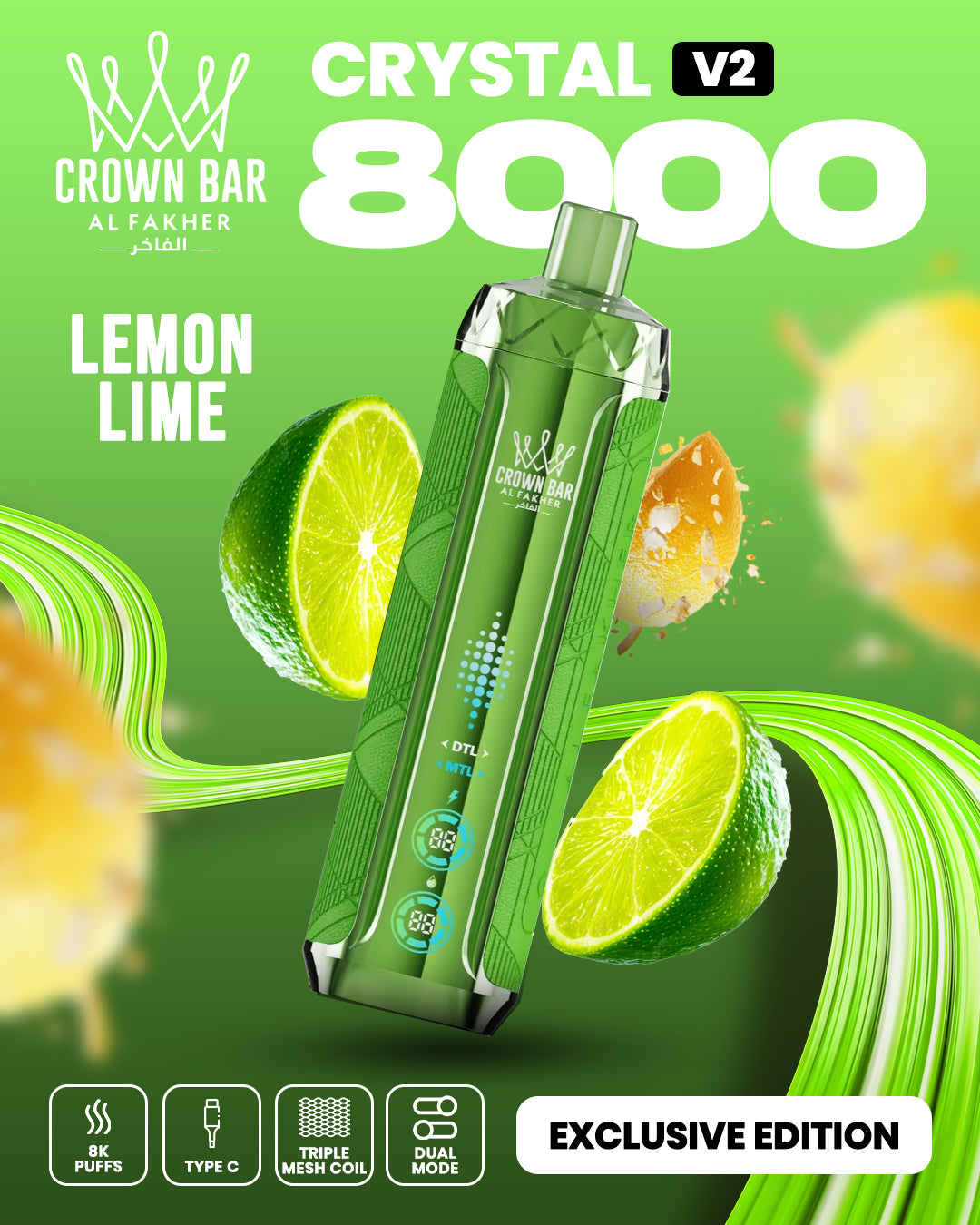 Al Fakher Crown Bar Crystal V2 8000 Lemon Lime Al Fakher Crown Bar Crystal V2 8000 Lemon Lime