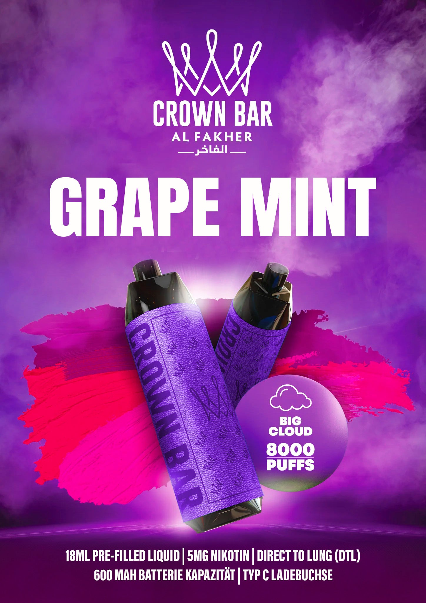 Al Fakher Vape Traube Minze Al Fakher Vape: Grape Mint  AlFakher Crown  Bar 8000