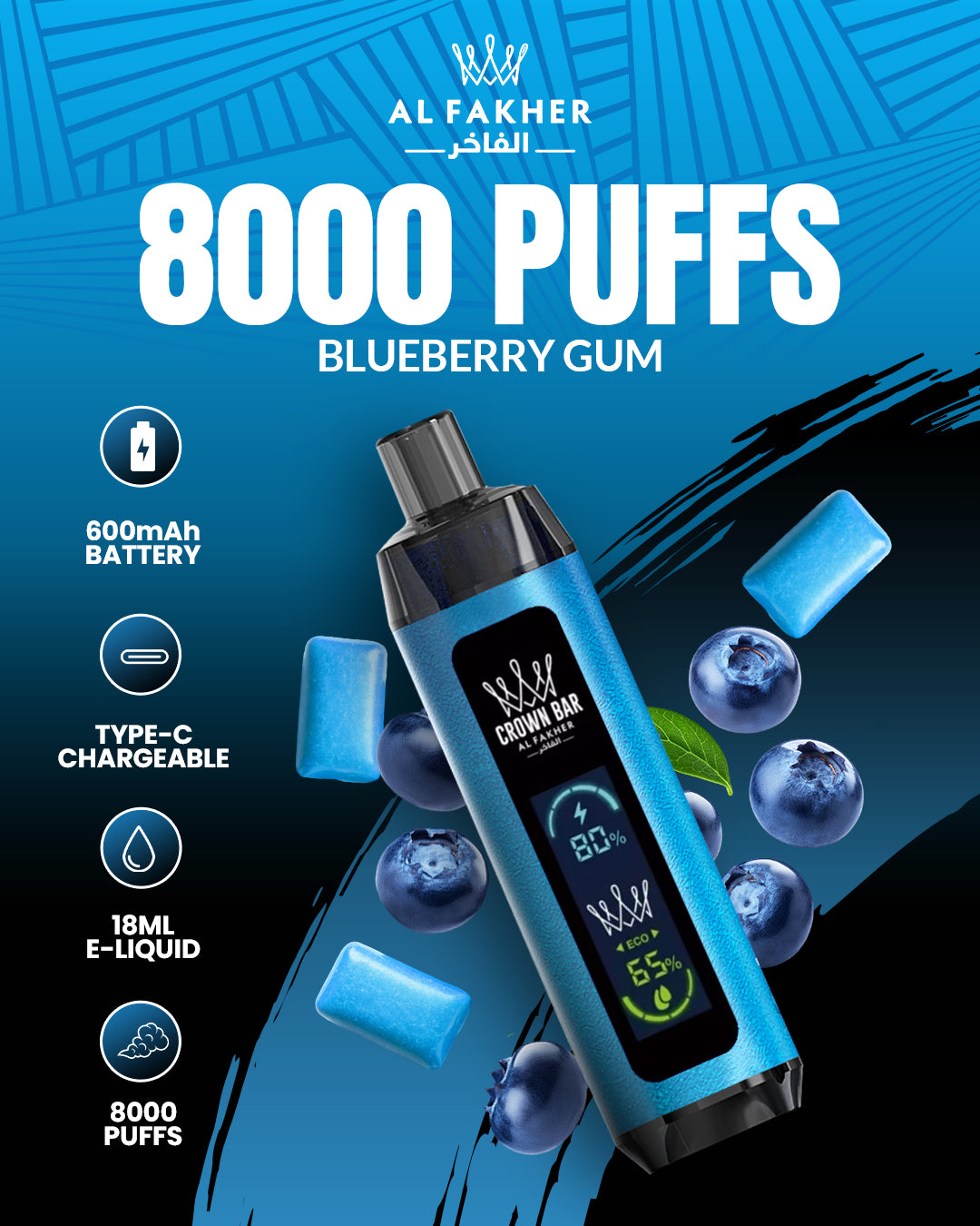 Al Fakher Crown Bar 8000 Dual Blueberry Gum
