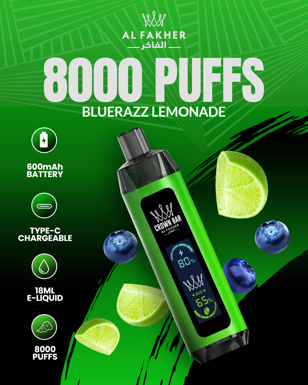 Al Fakher Crown Bar 8000 Dual Blue Razz Lemonade