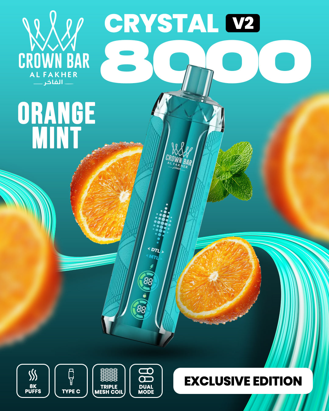 Al Fakher Crown Bar Crystal V2 8000 Orange Mint