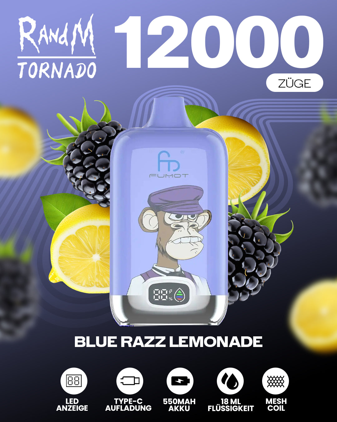 Fumot 12000 Blue Razz Lemonade – Vape mit 12.000 Zügen