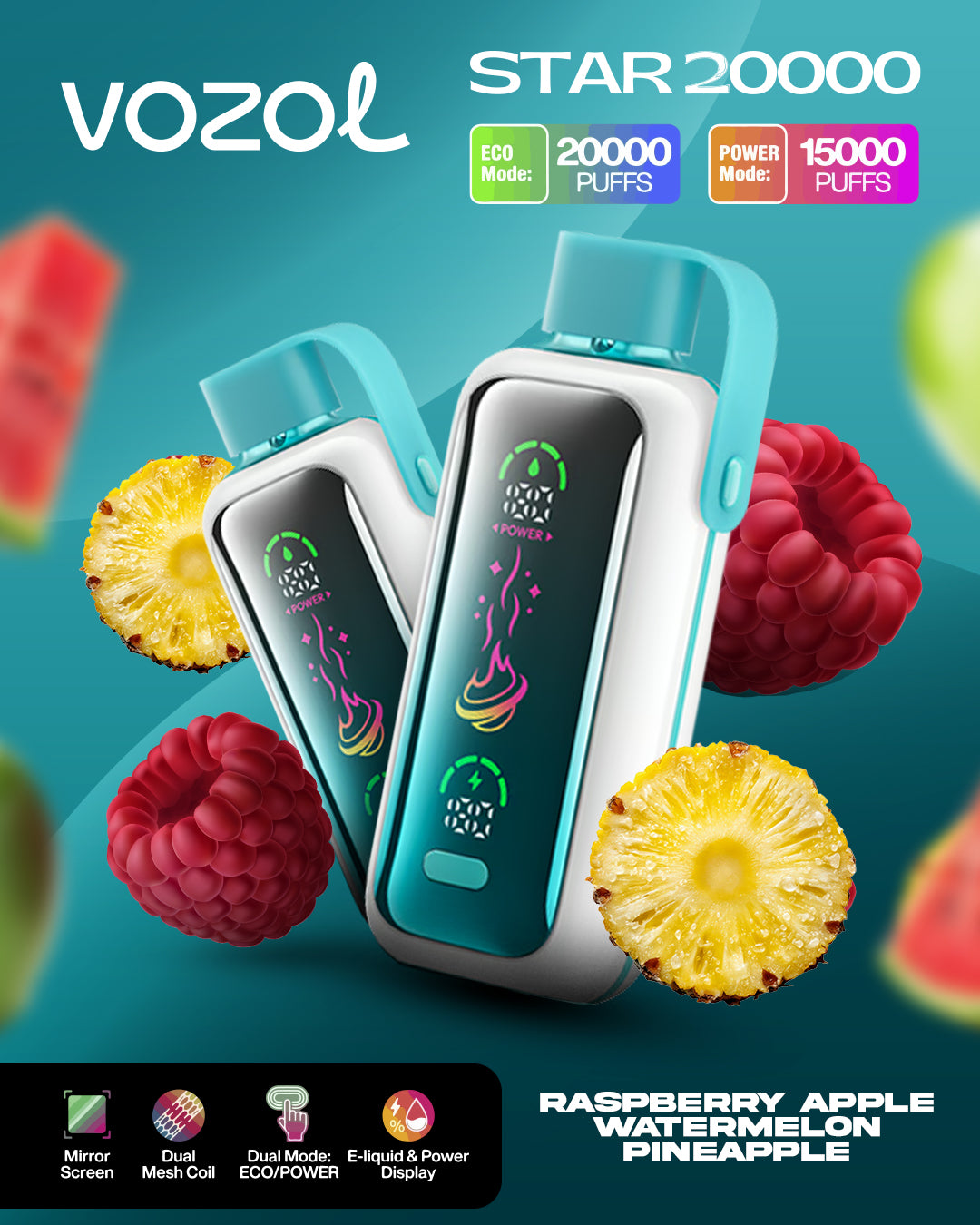 VOZOL VAPE STAR 20000 Razzberry Apple Watermelon Pineapple